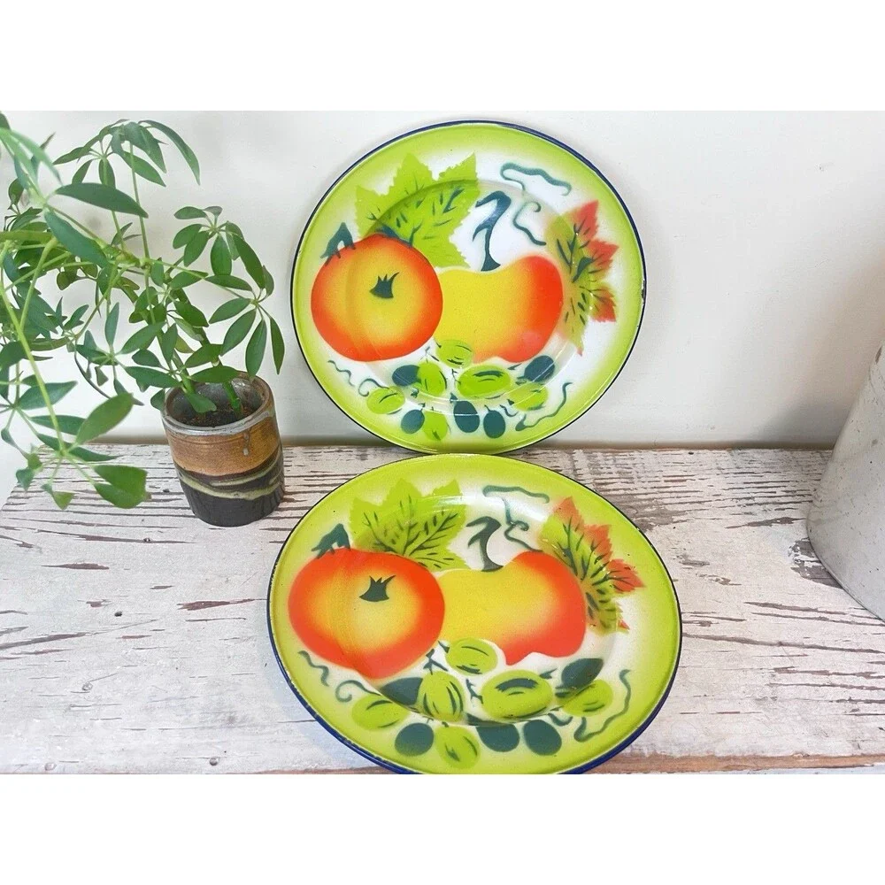 Vintage Graniteware Plates (Set Of 2) Fruit Design Farmhouse Kitchen Decor Retro